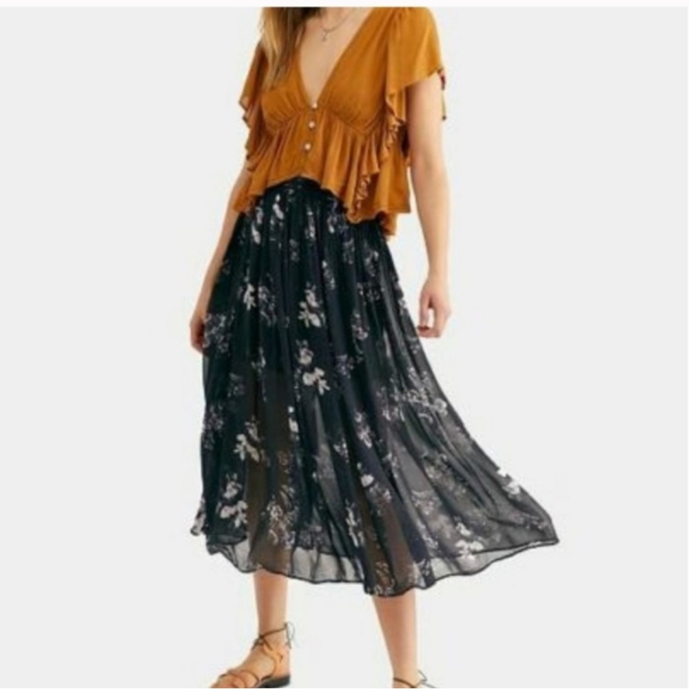 Free People Lydia Midi Skirt Floral Black Size S